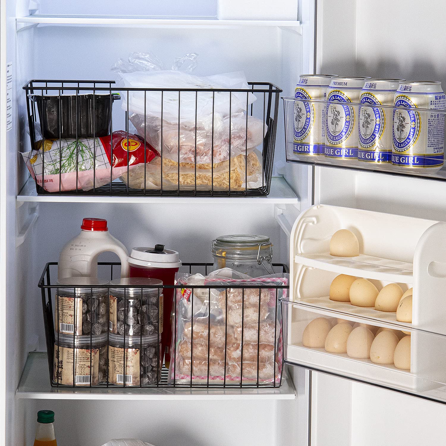 Nprohuge 4 Pack Freezer Organizer Bins - Stand up Freezer Organizers for 16 Cu.Ft Upright Freezer, Easily Get Food Improve Air Circulation, Wire Storage Baskets, Black