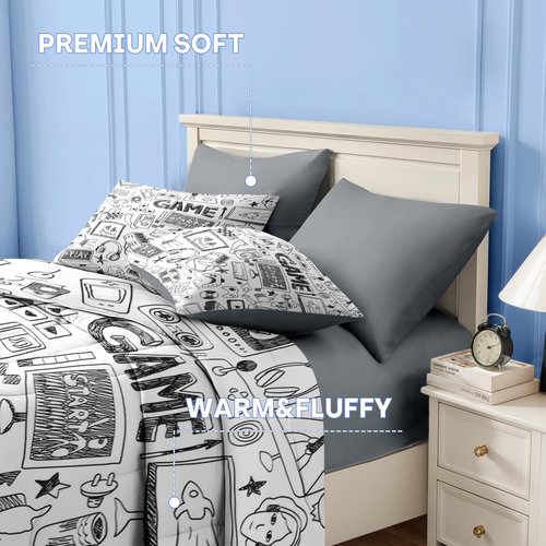 Nesker Comforter Set Twin Size, Computer Games Doodles 5 Pcs Bedding for Kids Teens, Gamer Gaming Black Bedding Set with Pillowcase & Sham