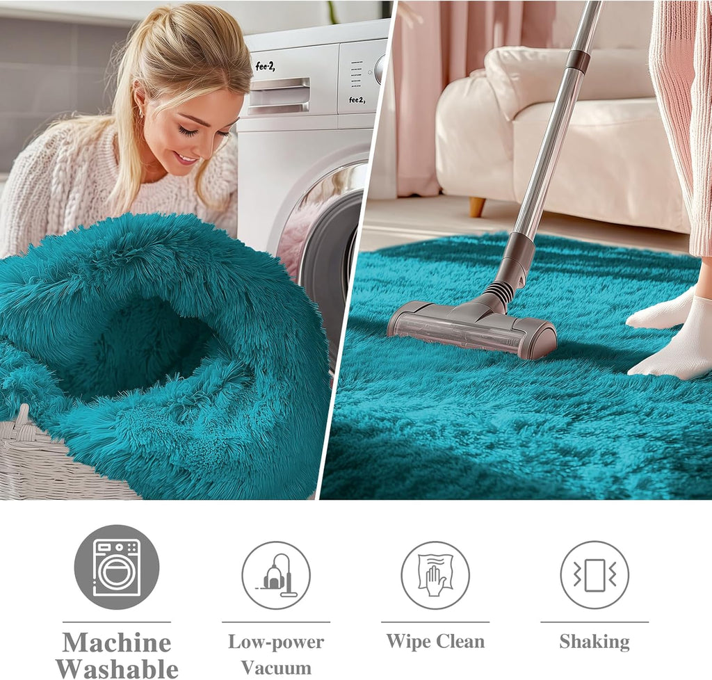 OLANLY Teal Round Area Rug - Soft, Fluffy, Machine Washable 9 ft Circle Carpet for Bedroom & Living Room
