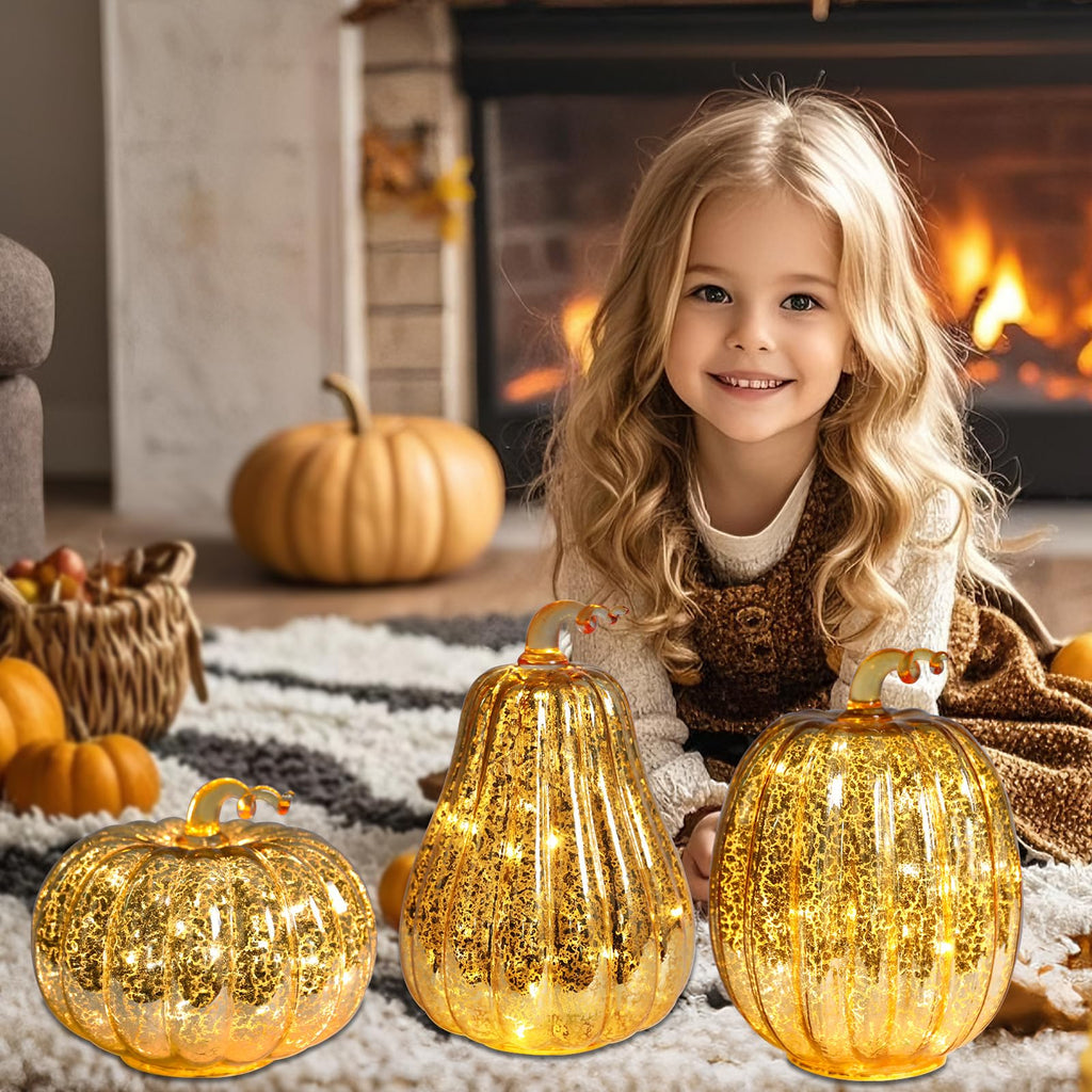 Glass Pumpkin Lights with Warm Yellow LED String, Set of 2 – 13.4” & 11.8” Tall Amber Glass Pumpkins for Fall, Halloween, Thanksgiving Table Centerpiece, Indoor Autumn Home Decor