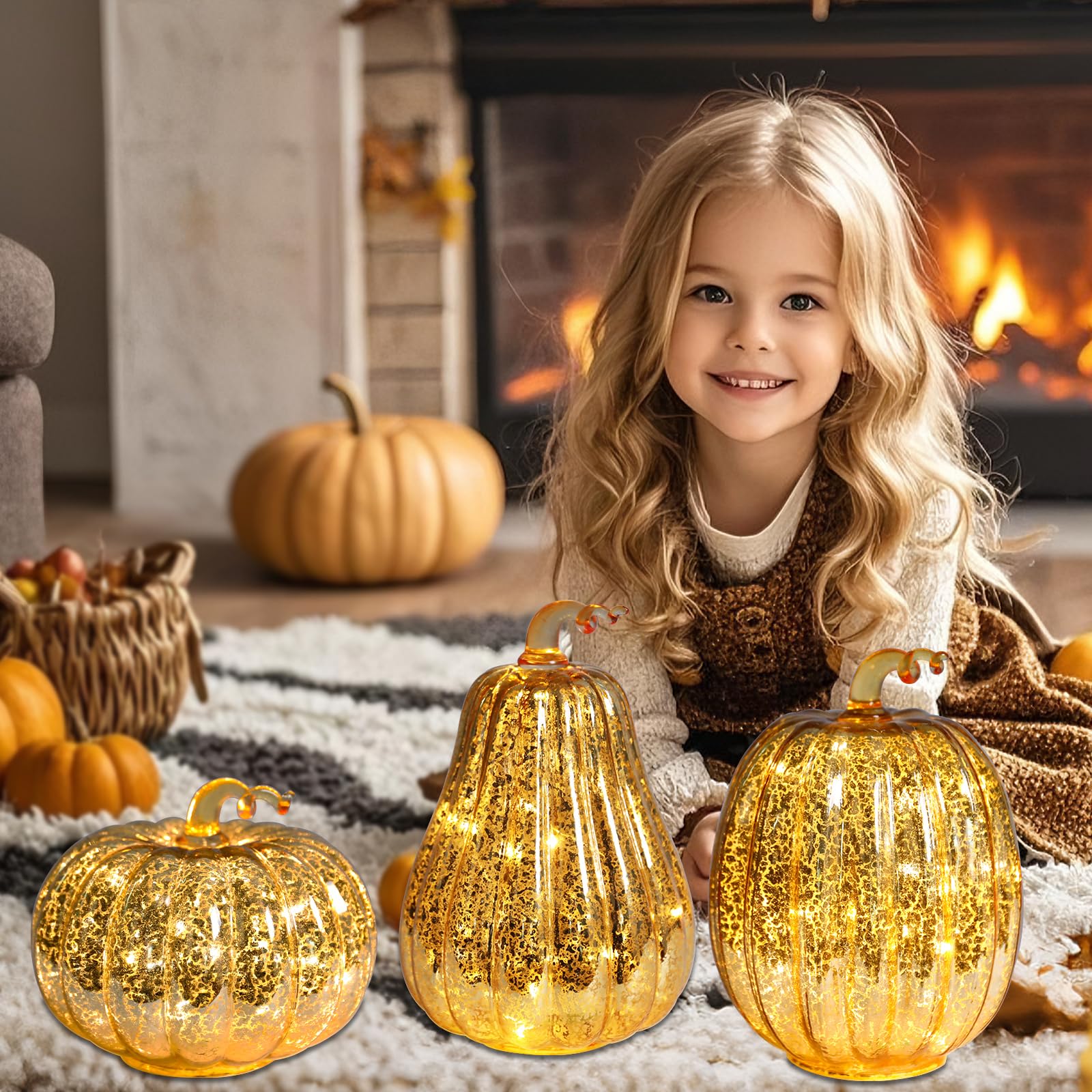 Glass Pumpkin Lights with Warm Yellow LED String, Set of 2 – 13.4” & 11.8” Tall Amber Glass Pumpkins for Fall, Halloween, Thanksgiving Table Centerpiece, Indoor Autumn Home Decor