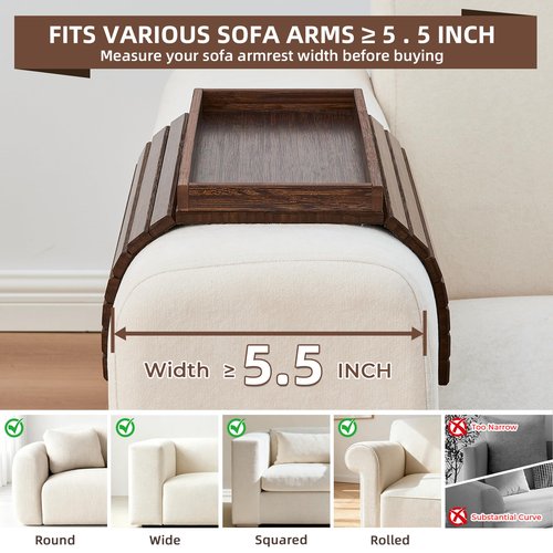 LOVYANXUE Couch Arm Tray, Anti-Falling Bamboo Sofa Armrest Tray Table, Foldable & Portable Armrest Tray Cup Holder Side Table for Drinks, Coffee, Phone, Snacks, Remote