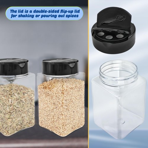 Conagel 54 Pack 9 oz Plastic Spice Jars with Black Cap Empty Seasoning Bottles with Shaker Lids Clear Square Spice Containers for Storing Spice Herbs