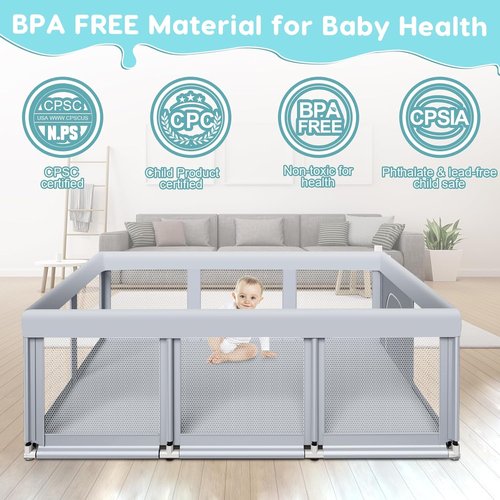 Fshibila Large Baby Playpen - Sturdy Indoor/Outdoor Playard with Soft Mesh | 74" x 50" - Grey