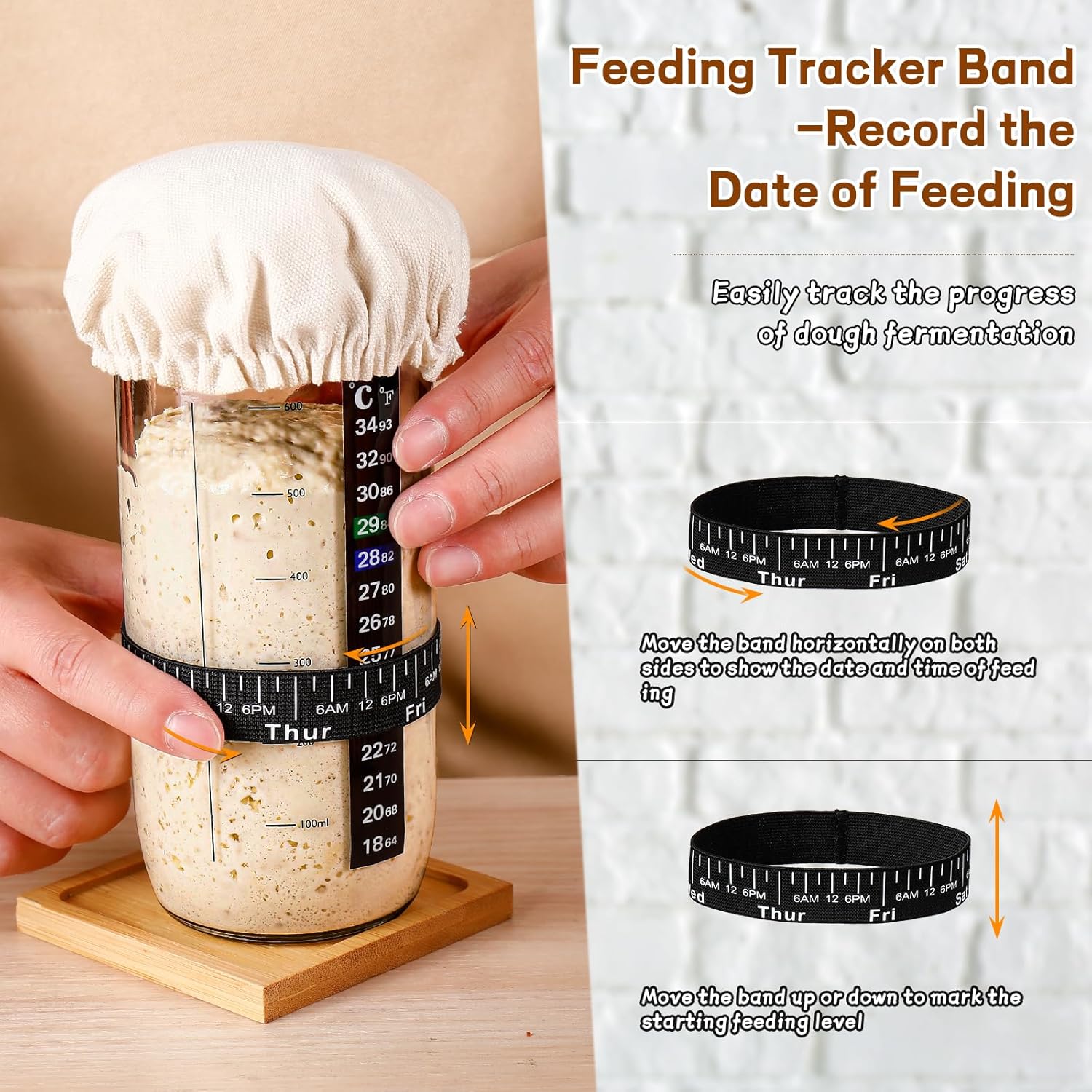 Skiennix Sourdough Starter Kit - 24 oz Glass Jar with Date Marked Feeding Band & Thermometer