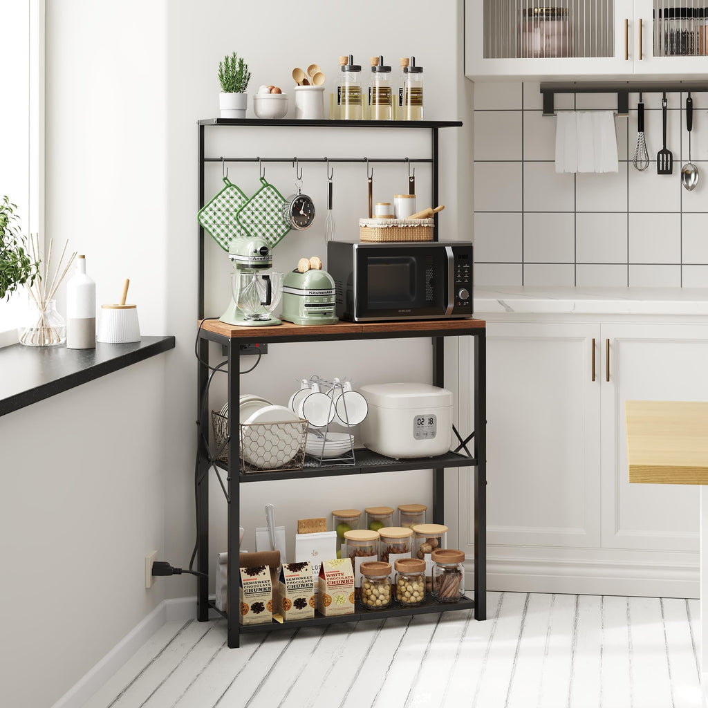 Txecpro kitchen Bakers Rack with Power Outlet, Coffee Bar Table 4 Tiers, Microwave Stand with 6 S-shaped Hooks, Kitchen Storage Shelf Rack for Spices, Pots and Pans，25.6" L x 12" W x 53.5" H
