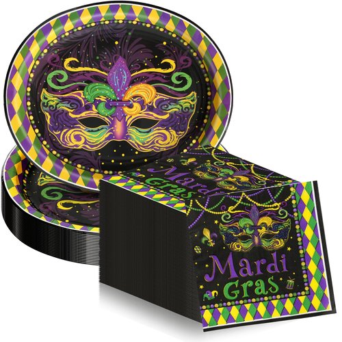 Dereinwo 50 Pcs Mardi Gras Party Large 12" x 10" Oval Paper Plates and Napkins Disposable Heavy Duty Paper Plates and Napkins for Mardi Gras Party Supplies