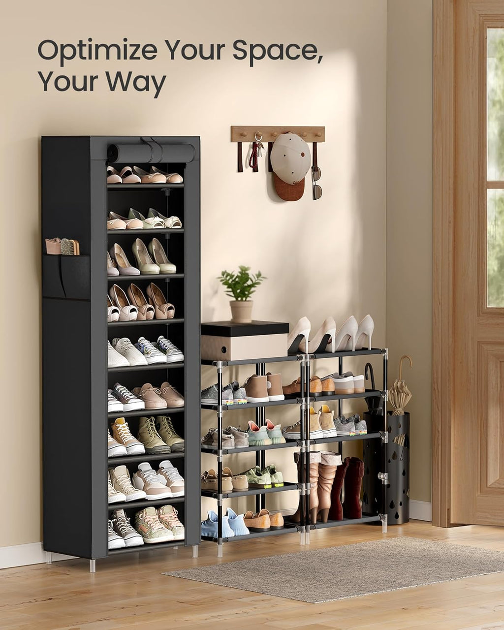 SONGMICS 10-Tier Shoe Rack - Dustproof Shoe Storage Cabinet for 20 Pairs - Black Free-Standing Organizer