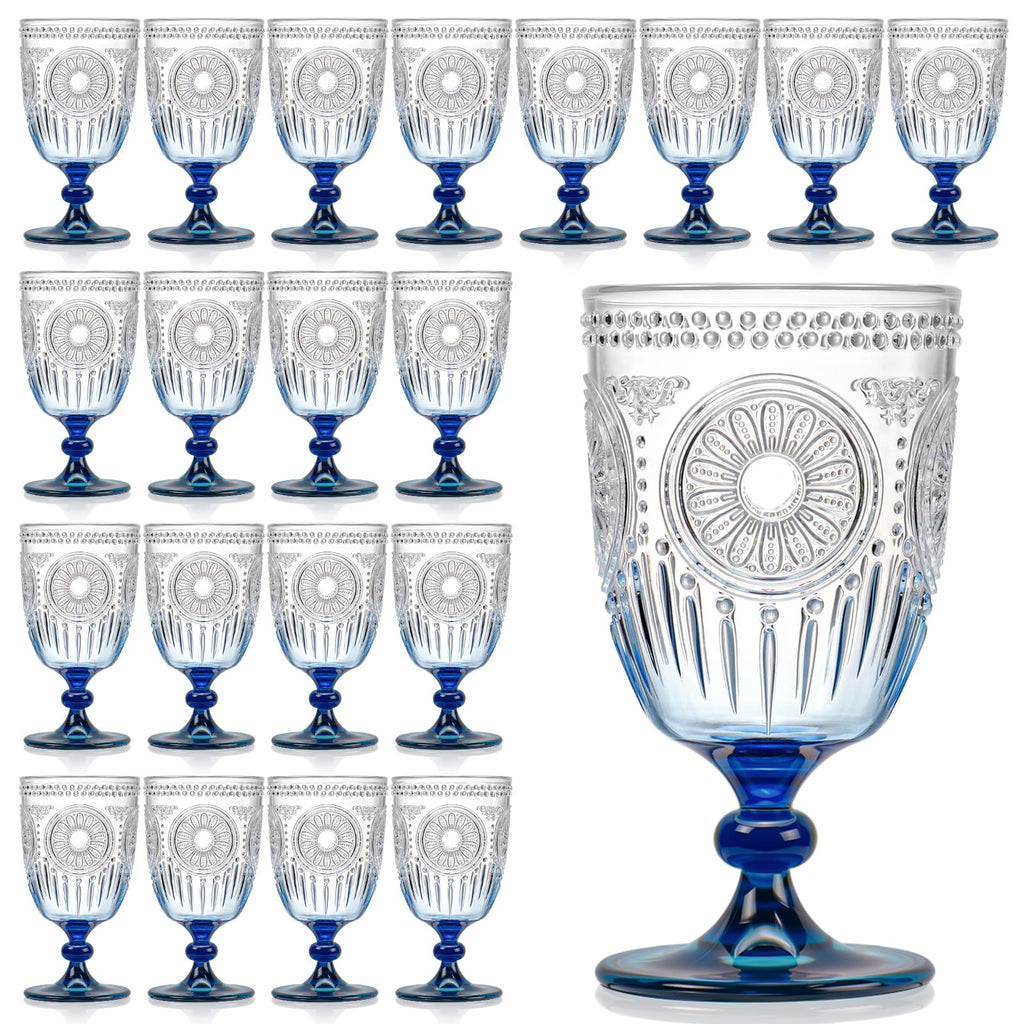 XUWAIDSGN 24Pcs Plastic Vintage Wine Glasses 13.5oz Reusable Embossed Goblet Glasses Blue Gradient Retro Wine Glassware Unbreakable Stemmed Champagne Water Cups for Wine Cocktail Juice Wedding
