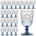 XUWAIDSGN 24Pcs Plastic Vintage Wine Glasses 13.5oz Reusable Embossed Goblet Glasses Blue Gradient Retro Wine Glassware Unbreakable Stemmed Champagne Water Cups for Wine Cocktail Juice Wedding
