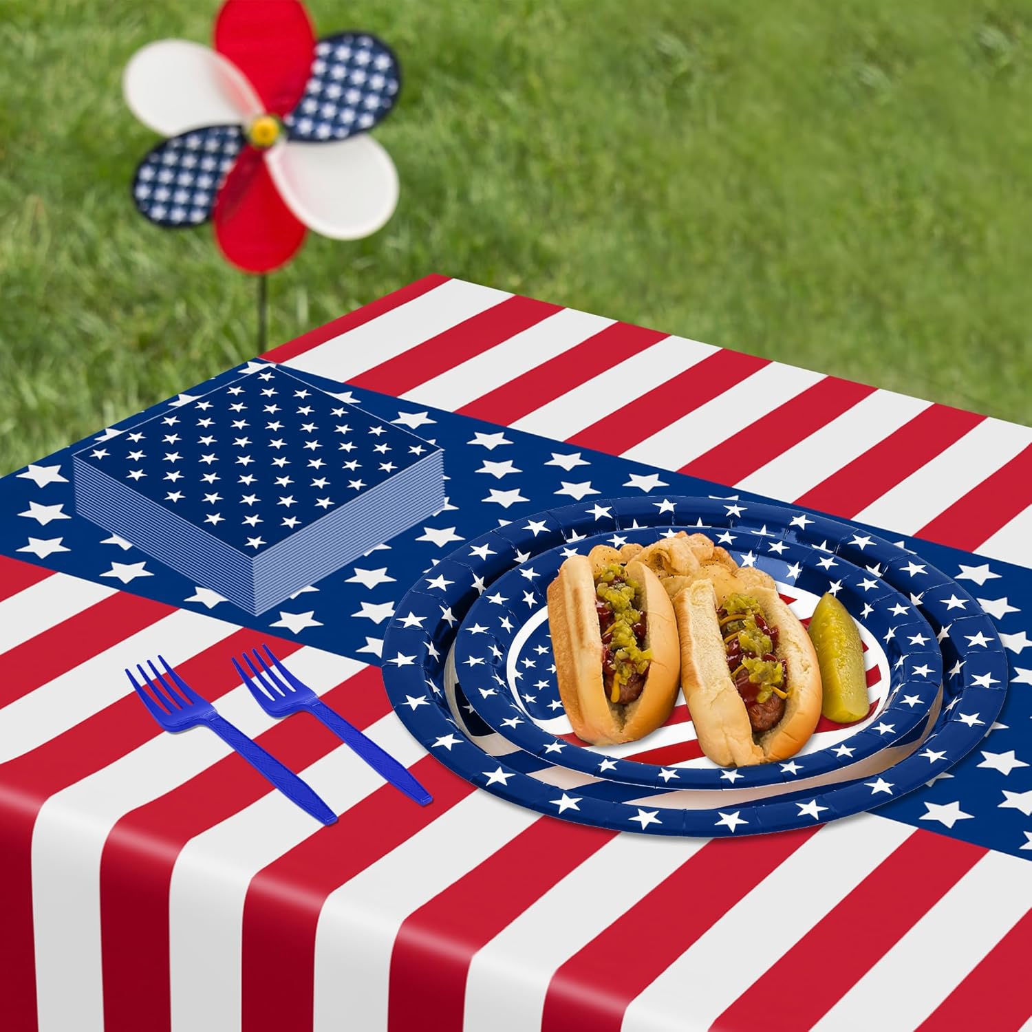 QZYL 122 PCS 4th of July Decorations - Patriotic Plates, Napkins & Tableware Set | American Flags Design