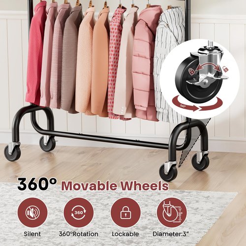 LZNIOZ Heavy Duty Clothes Rack, 78.35" Rolling Clothing Rack for Hanging Clothes with Lockable Wheels, 6-Level Adjustable Double Rod Garment Rack for Bedroom, Laundry, Clothing Store, Black