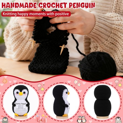 JoycuFF Mini Positive Crochet Penguin, Funny Graduation Birthday Gifts for Women Men Friend Daughter Coworker, Valentines Day Emotional Cute Penguin Present