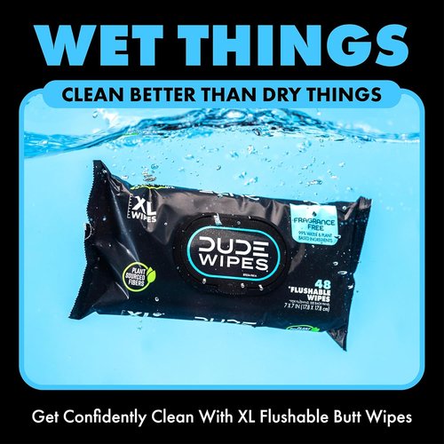 DUDE Wipes | Unscented Flushable Wipes - Extra-Large Adult Wet Wipes for Sensitive Skin - 6 Pack (288 Count) - Infused with Vitamin E and Aloe