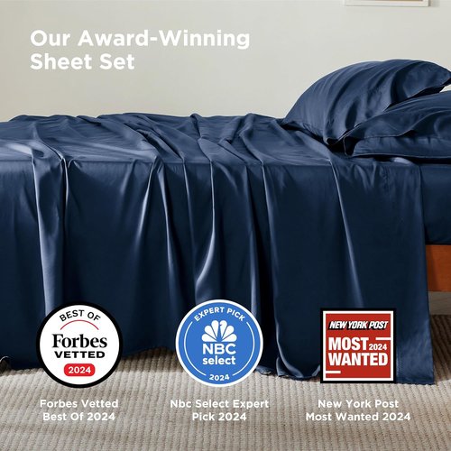 Bedsure Cooling Bed Sheets - Breathable Rayon from Bamboo, Deep Pocket Up to 16 Inches, Navy