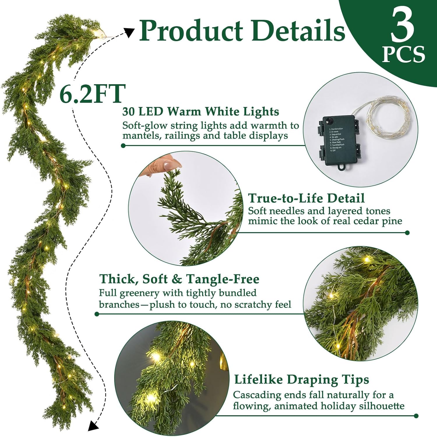 Skiennix Christmas Garland - 3PCS 6.2FT Lush Greenery with Lights | Real Touch Cedar & Soft Pine Branches for Indoor/Outdoor Decor
