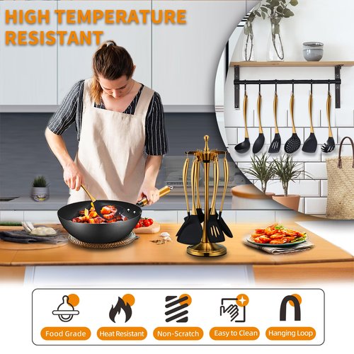 Kitchen Utensils Set, Large Non-stick Silicone Cooking Utensils Set 6 Pcs,Made of 446°F Heat Resistant Food Grade Silicone and Stainless Steel Handles,Easy to Clean Kitchen Gadgets Set (Gold)