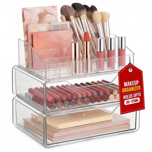 Masirs Clear Acrylic Makeup Organizer with Drawers – Cosmetic Vanity Storage for Skincare, Hair Accessories, Jewelry, Perfume – Durable Countertop Bathroom Organizer