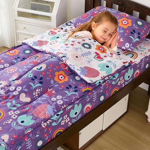 DJY Zipper Bedding Set Twin, Purple Floral Bedding Sets for Girls, Kids Comforter Set with Fitted Sheet Pillowcases, All in One Zipper Bed Set for All Seasons