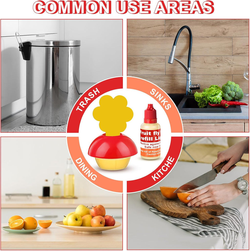 Qualirey Fruit Fly Trap - Safe Indoor Solution with 4 Refill Liquids & 60 Sticky Pads | Red
