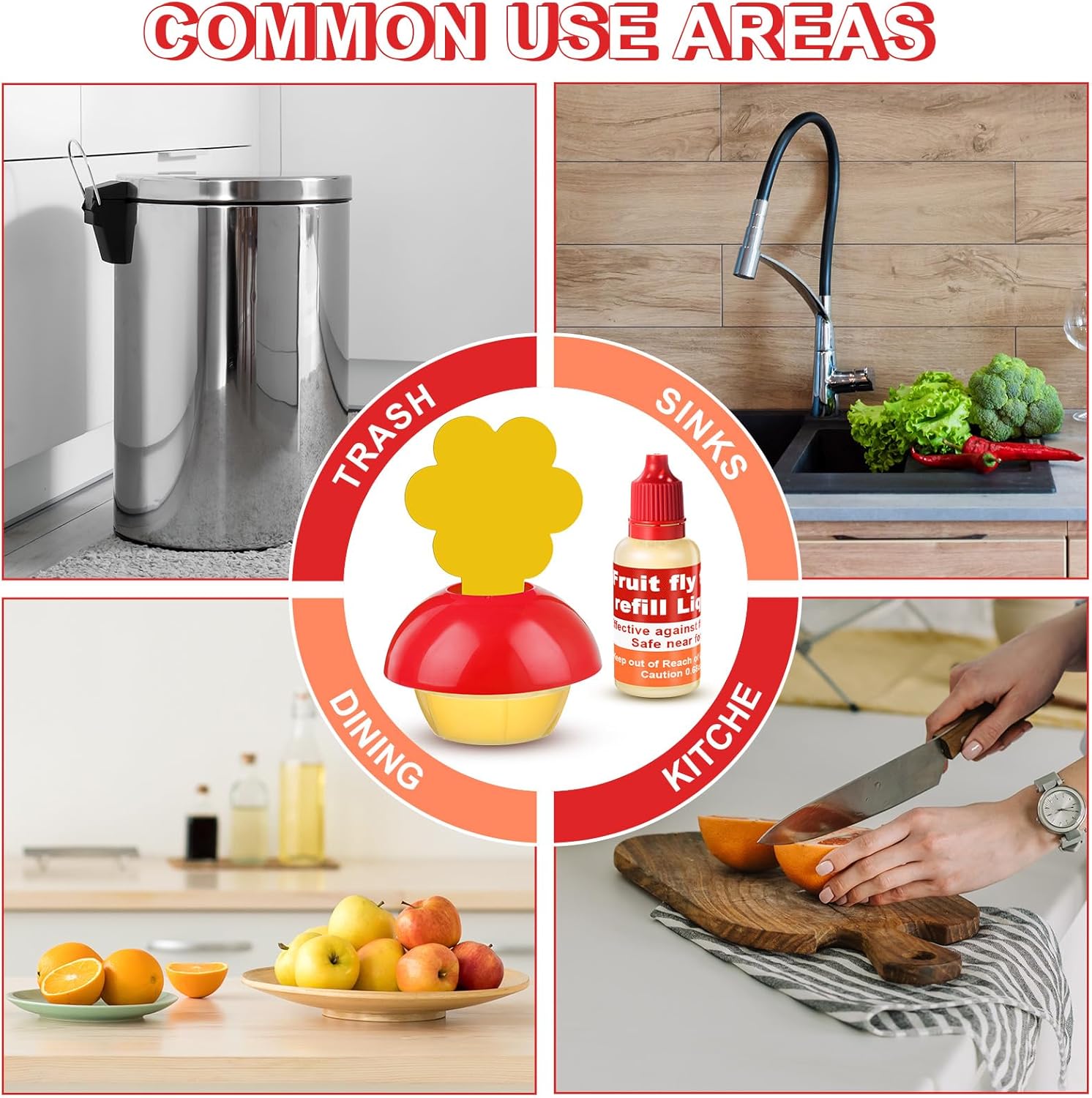 Qualirey Fruit Fly Trap - Safe Indoor Solution with 4 Refill Liquids & 60 Sticky Pads | Red