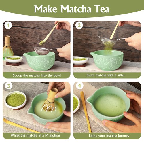 Matcha Whisk Tea Set Kit: Japanese Matcha Kit - Ceramic Bowl Bamboo Whisk Chasen Holder spoon Measuring Scoop Sifter - Traditional Practical for Tea Ceremony Breakfast Lattes - Home Kitchen Christmas
