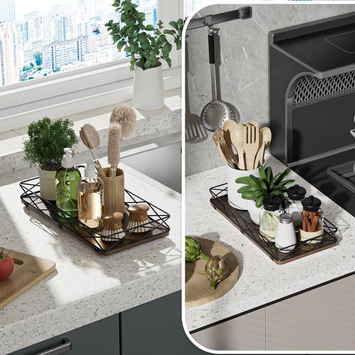 Lixple Toilet Paper Basket Holder, 13" Bathroom Tray Countertop, Wood and Metal Toilet Tank Tray Bathroom Vanity Organizer for Toiletry, Kitchen Sink Organizer for Soap Dispenser (Brown+Black)