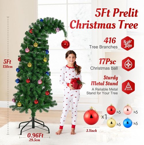 Hatisan 5FT Artificial Christmas Tree - Bent Green Design with Ball Ornaments & Metal Base for Holiday Decor