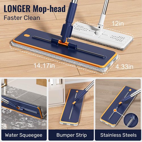 HoMettler Mop and Bucket Set with Wringer, 3-Tank Flat Mop and Bucket System, Wall Mop Cleaner with Long Handle, Hands Free Mops for Floor Cleaning with 4 Microfiber Pads