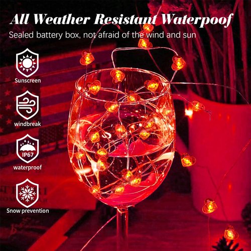 pozzolanas LED Heart Fairy Lights Battery Operated, 50 LED 17FT Copper Wire Mini String Lights Waterproof Starry Lights for Bedroom,Halloween,Christmas,Parties Wedding Decoration (Red, 1 Pack)