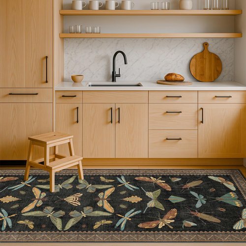 Nature Insect Fantasy | 2x6 Black Entryway Runner Rug - Washable, Non-Slip, Ultra Soft & Stain Resistant