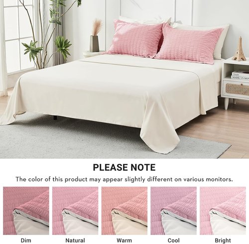 HYMOKEGE Full Size Comforter Set - Luxurious 7-Piece Seersucker Bedding in Pink/Ivory for All Seasons
