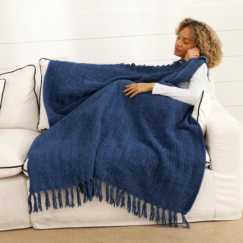 NANPIPER Knit Blanket Ultra-Soft Cozy Throw Handknit Style for Couch, Luxurious Lightweight Home Decor, Navy Blue 50"x60"