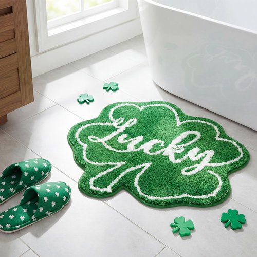 Woaoce St. Patrick's Day Bath Rug Lucky Green Shamrocks, Happy Saint Patricks Doormat Irish Four Leaf Mat Non Slip Rugs for Bathroom Entrance Front Door Indoor Outdoor 24x24 Inches
