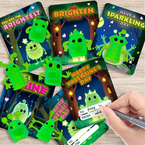 36 Packs Valentines Day Cards for Kids with Glow in The Dark Monster Finger Puppets, Valentines Day Gifts for Kids, Valentines Cards for School Classroom Exchange, Valentines Party Favors Prizes