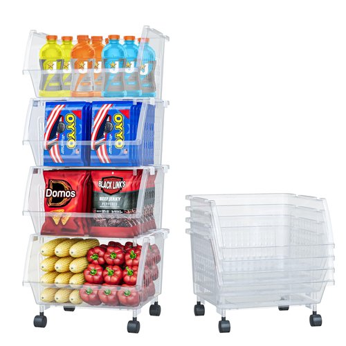 TidyFriend Plastic Stackable Storage Bins Clear - 4 Pack Large Open Front Bins For Toy Organizers and Pantry, Kitchen, Bathroom Essentials