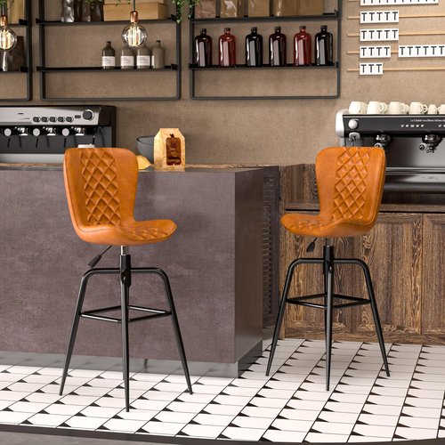 VECELO Quilted Bar Stools Set of 2, Adjustable Bar Height Swivel Bar Stools with Back, PU Leather with Stitching, Mid-Century Modern, 100% Virgin Cotton, 28~31" Tall, for Kitchen, Pub, Caramel Brown