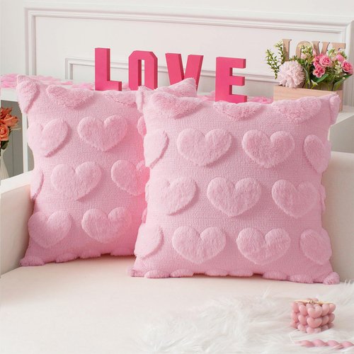 Kevin Textile Heart Love Cute Decorative Throw Pillow Covers 18x18 Inch Set of 2 Soft Faux Fur Pillow Covers for Valentine's Day Gifts Fluffy Plush Pillow Case for Couch Cushion Livingroom Pink
