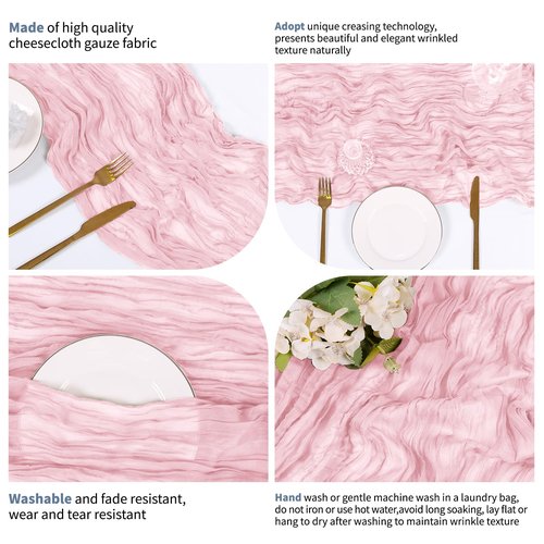 RealBox 14 Pack Light Pink Cheesecloth Table Runner 17x108 Inch Semi Sheer Boho Gauze Cheese Cloth Fabric Table Runners, for Wedding Party Baby Shower Birthday Home Decor Garden Farmhouse