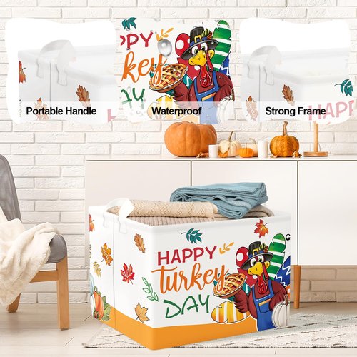 Clastyle Fall Harvest Kid Storage Basket Pumpkin Maple Leaf Thanksgiving Autumn Boys Girls Gift Toy Box Collapsible Clothes Organizer Nursery Bin for Bedroom,Turkey,40 * 30 * 30 cm