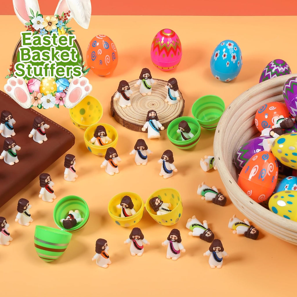 Regine Switzerland Easter Basket Stuffers - 60 PCS Colorful Eggs & Religious Jesus Figurines for Kids