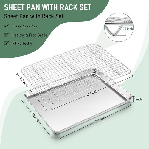 Homikit Baking Sheet Set - 16" x 12" Stainless Steel Cookie Pan with Cooling Rack | Nonstick & Dishwasher Safe