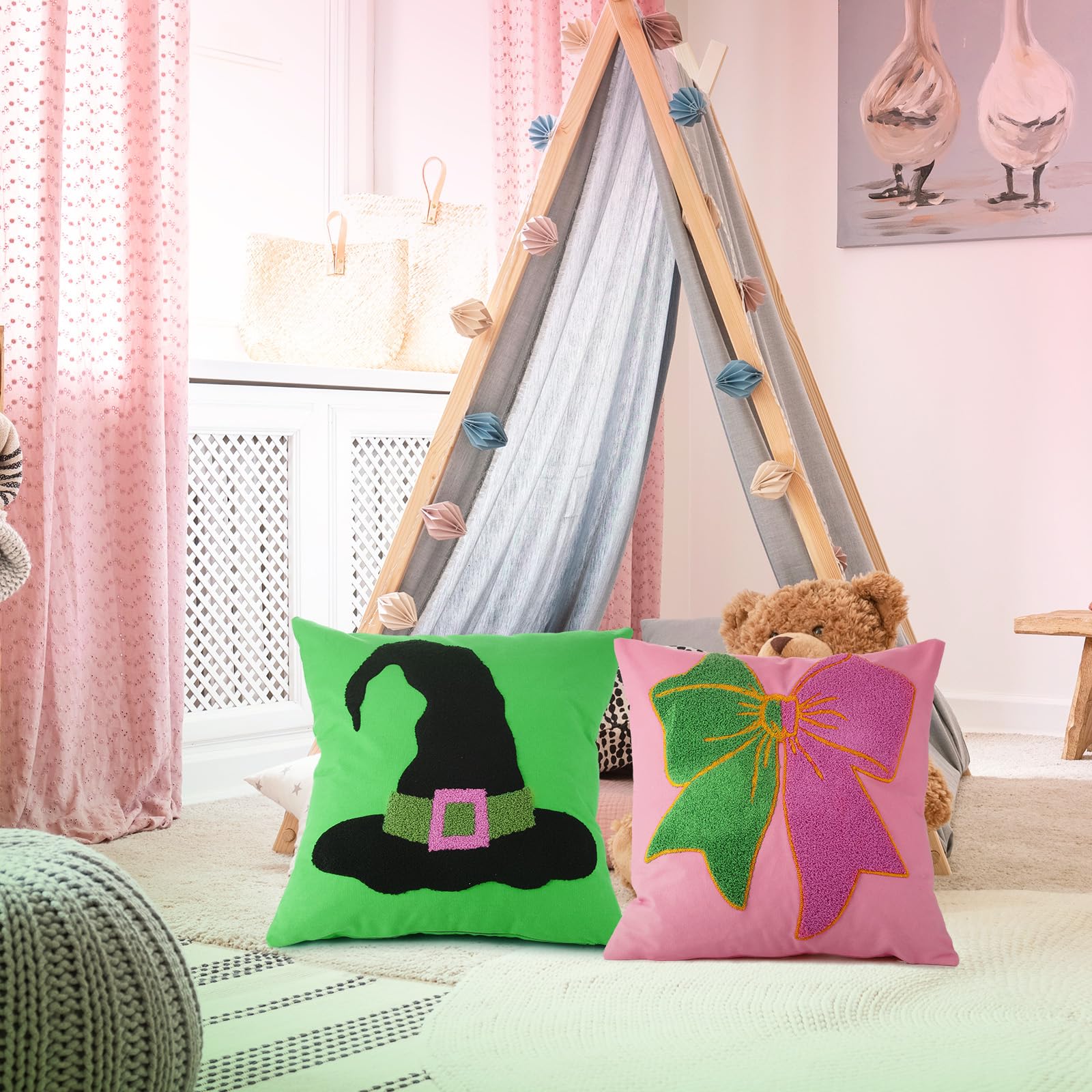 Cinnvoice 2 Pcs Pink and Green Pillow Covers Witch Embroidered Pillow Hat and Bow for Cute Birthday Gift Party Decorations