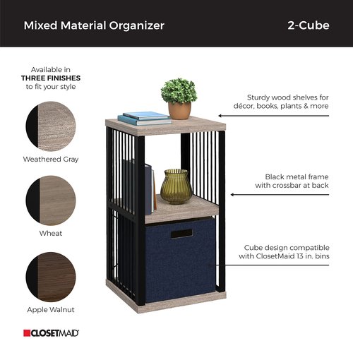 ClosetMaid 2-Cube Storage Organizer Bookshelf, Storage Shelf, Metal Frame, Wood Shelves, Easy Assembly, Black/Weathered Gray