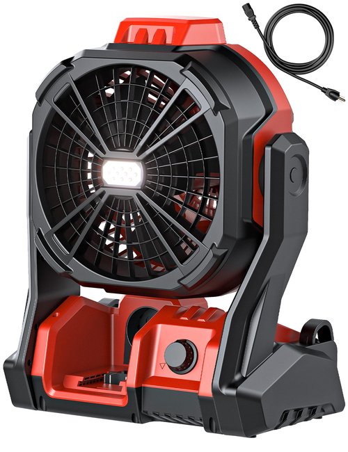 DeForce Battery Operated Fan, for Milwaukee M18 18V Battery, Camping Fan Cordless, Option for Corded, with LED Lights, Variable Speed, Hook for Hanging, for Jobsite, Red(Bare Tool Only)