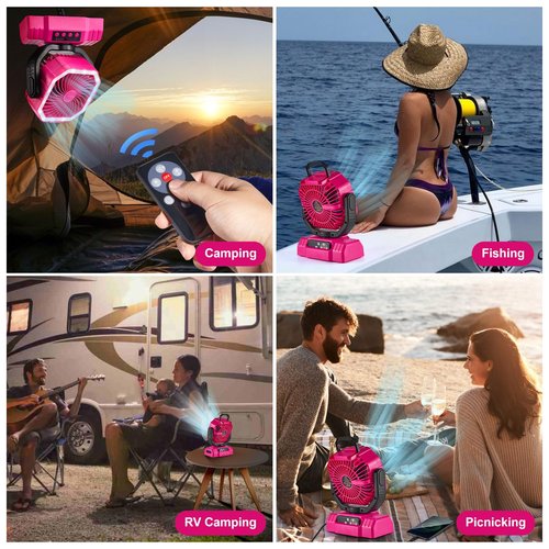 Odoland Portable Camping Fan with LED Lantern, 20000mAh Rechargeable Battery Powered Fan with Auto Oscillation, Timer, Remote, 360° Rotation Hook, 4 Speeds for Power Outage Travel Home,Pink