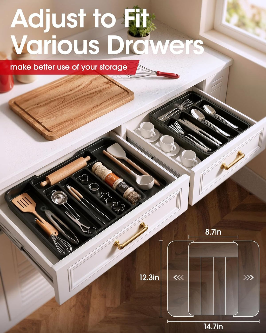 Aujen Silverware Organizer - Expandable Utensil Tray for Cutlery Storage | Adjustable Black Medium Size