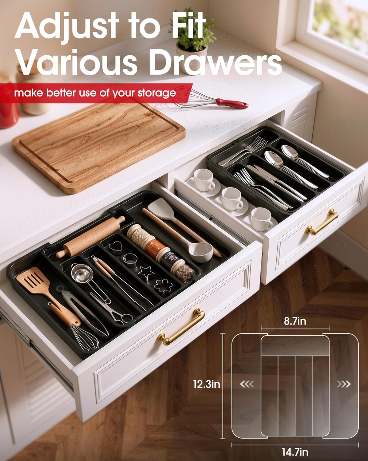 Aujen Silverware Organizer - Expandable Utensil Tray for Cutlery Storage | Adjustable Black Medium Size