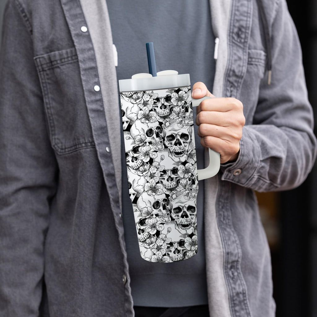 Equoza Flower Skull Halloween 30oz Tumbler with Handle Gift for Her Travel Mug Double Wall Vacuun Insulated Cup with Lid and Straw (Pack of 1)