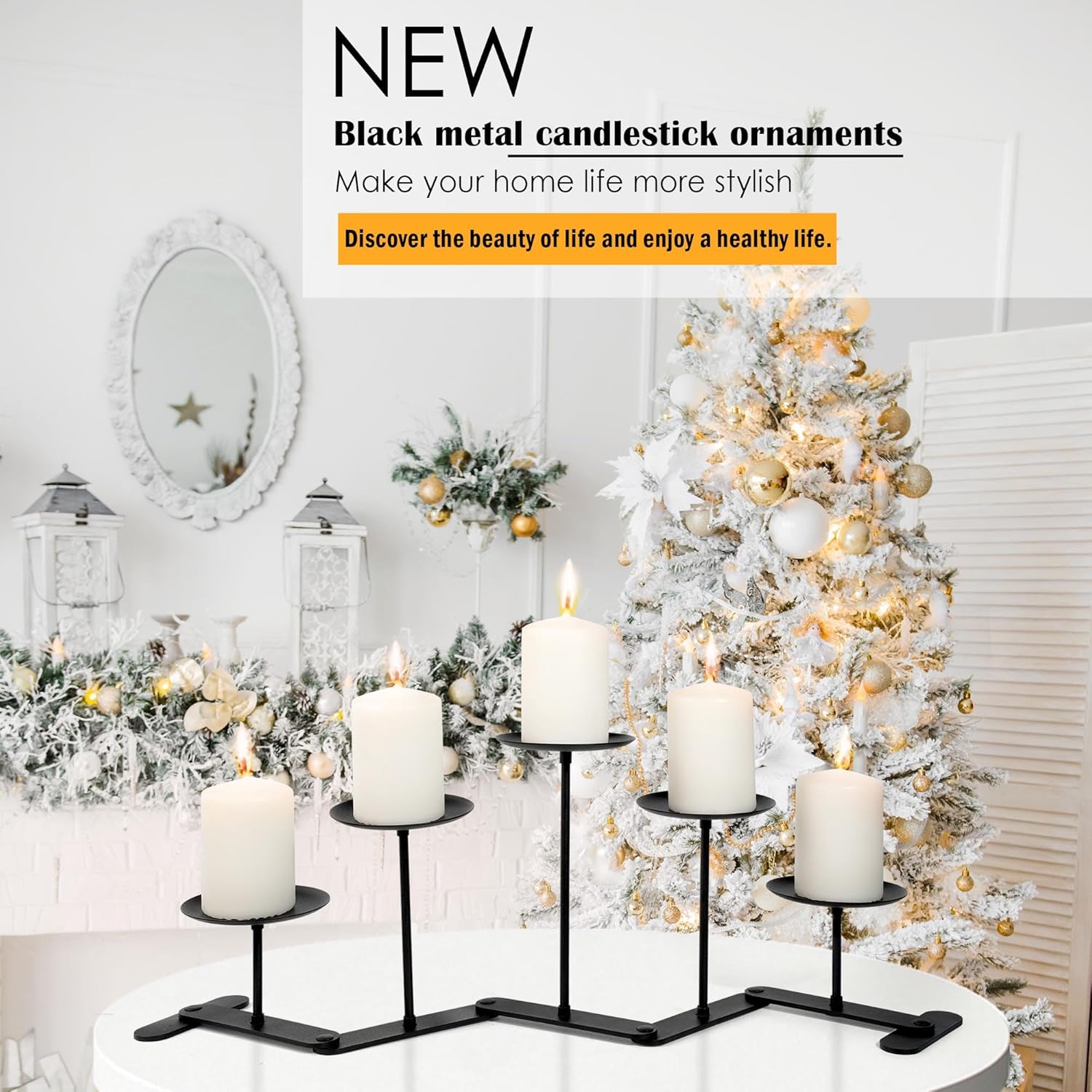 Skiennix Adjustable Candelabra Candle Holder - 5-Candle Iron Design for Pillar Candles | Elegant Black Finish
